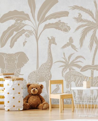 carta da parati murale bianca per bambini chiamata Monochrome Jungle - Vintage White di Kikki Belle per camere da letto