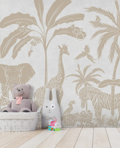 hvite barnas jungel tapetmaleri kalt Monochrome Jungle - Vintage White av Kikki Belle for soverom