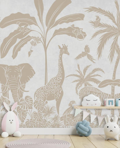 white kids jungle wallpaper mural called Monochrome Jungle - Vintage White by Kikki Belle for bedrooms