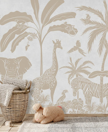 valkoisten lasten viidakon taustakuvamaalaus nimeltä Monochrome Jungle - Vintage White, kirjoittanut Kikki Belle makuuhuoneisiin valkoisten lasten viidakon taustakuvamaalaus nimeltä Monochrome Jungle - Vintage White, kirjoittanut Kikki Belle makuuhuoneisiin