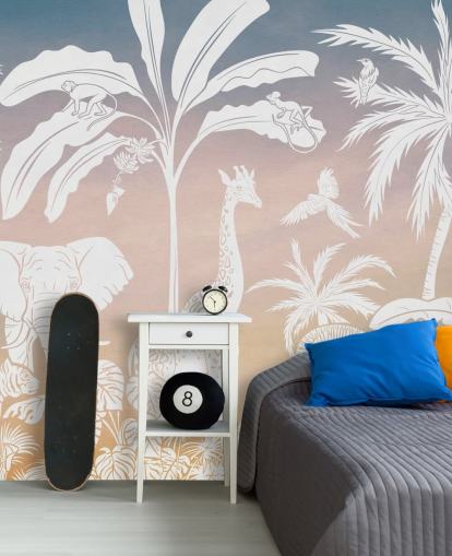 rosa barndjungel tapetväggmålning som heter Monochrome Jungle - Pink av Kikki Belle för barns sovrum rosa barndjungel tapetväggmålning som heter Monochrome Jungle - Pink av Kikki Belle för barns sovrum