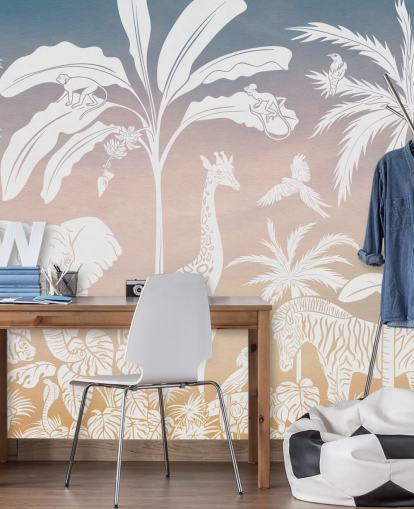 lyserød børnejungle tapetmaleri kaldet Monochrome Jungle - Pink af Kikki Belle til børns soveværelser