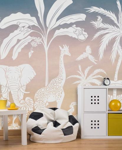 mural rosa de la jungla infantil llamado Monochrome Jungle - Pink de Kikki Belle para dormitorios infantiles