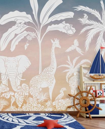 lyserød børnejungle tapetmaleri kaldet Monochrome Jungle - Pink af Kikki Belle til børns soveværelser