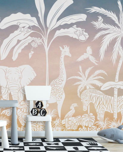 lyserød børnejungle tapetmaleri kaldet Monochrome Jungle - Pink af Kikki Belle til børns soveværelser lyserød børnejungle tapetmaleri kaldet Monochrome Jungle - Pink af Kikki Belle til børns soveværelser