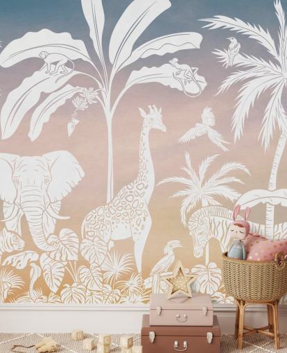 mural de papel de parede rosa para crianças da selva chamado Monochrome Jungle - Pink de Kikki Belle para quartos infantis
