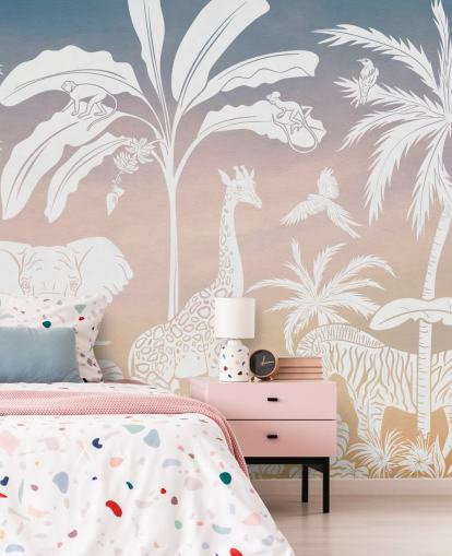 pink kids jungle wallpaper mural called Monochrome Jungle - Pink by Kikki Belle for children's bedrooms pink kids jungle wallpaper mural called Monochrome Jungle - Pink by Kikki Belle for children's bedrooms
