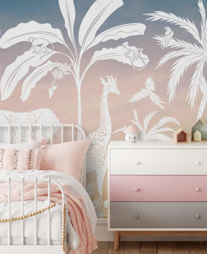 carta da parati murale rosa per bambini chiamata Monochrome Jungle - Pink di Kikki Belle per camerette per bambini
