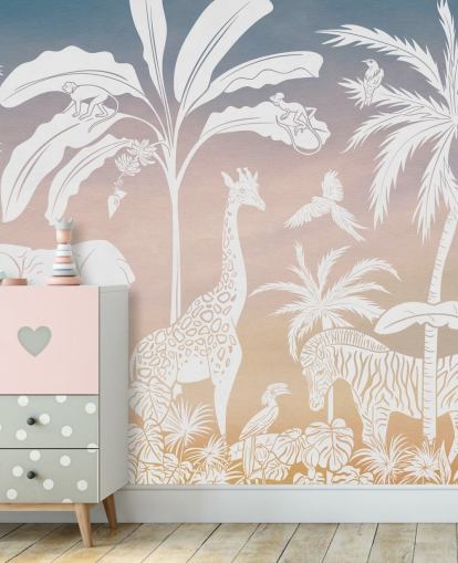 mural rosa de la jungla infantil llamado Monochrome Jungle - Pink de Kikki Belle para dormitorios infantiles mural rosa de la jungla infantil llamado Monochrome Jungle - Pink de Kikki Belle para dormitorios infantiles