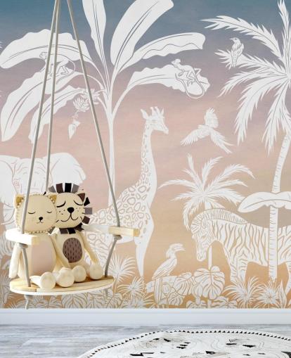 vaaleanpunainen lasten viidakon taustakuvamaalaus nimeltään Monochrome Jungle - Pink by Kikki Belle lasten makuuhuoneisiin