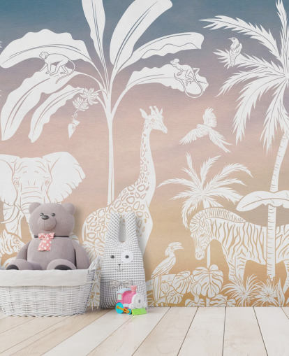 vaaleanpunainen lasten viidakon taustakuvamaalaus nimeltään Monochrome Jungle - Pink by Kikki Belle lasten makuuhuoneisiin