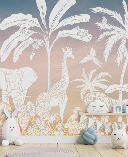mural rosa de la jungla infantil llamado Monochrome Jungle - Pink de Kikki Belle para dormitorios infantiles