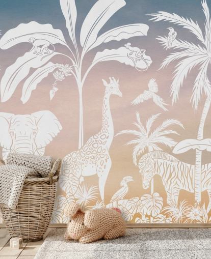 rosa barnas jungel tapetmaleri kalt Monochrome Jungle - Pink av Kikki Belle for barnas soverom