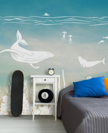 blauwe monochrome kinderbehangmuurschildering genaamd Monochrome Sea - Blue Aqua van Kikki Belle voor kinderdagverblijven en kinderkamers blauwe monochrome kinderbehangmuurschildering genaamd Monochrome Sea - Blue Aqua van Kikki Belle voor kinderdagverblijven en kinderkamers