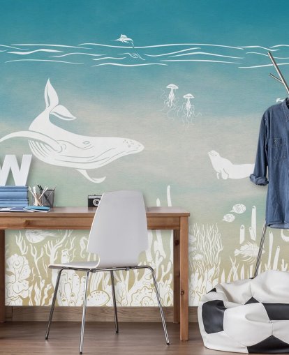 blå monokrom børnetapet vægmaleri kaldet Monochrome Sea - Blue Aqua af Kikki Belle til børnehaver og børns soveværelser