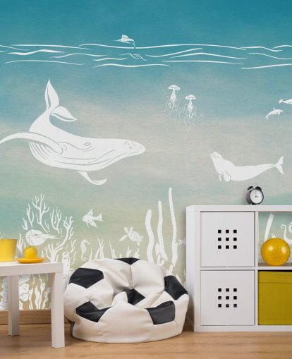 blå monokrom børnetapet vægmaleri kaldet Monochrome Sea - Blue Aqua af Kikki Belle til børnehaver og børns soveværelser