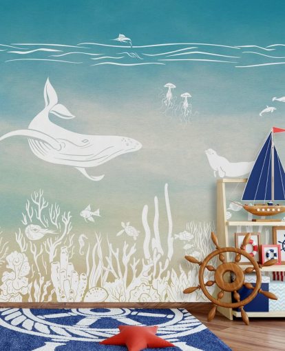 mural de papel pintado azul monocromático para niños llamado Monochrome Sea - Blue Aqua de Kikki Belle para guarderías y dormitorios de niños