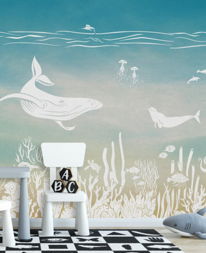 blaue einfarbige Kindertapete namens Monochrome Sea - Blue Aqua von Kikki Belle für Kinder- und Kinderzimmer