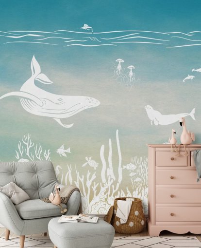 blue monochrome kids wallpaper mural called Monochrome Sea - Blue Aqua by Kikki Belle for nurseries and kids' bedrooms
