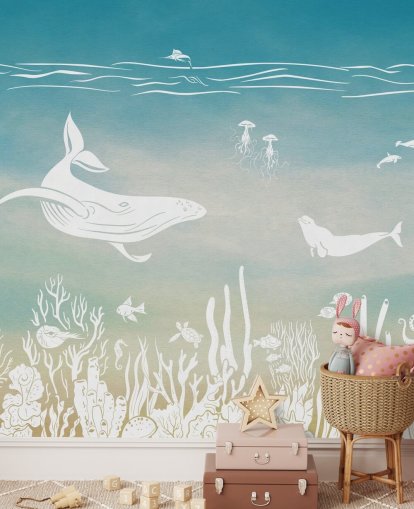 blå monokrom barnetapet veggmaleri kalt Monochrome Sea - Blue Aqua av Kikki Belle for barnehager og barnas soverom