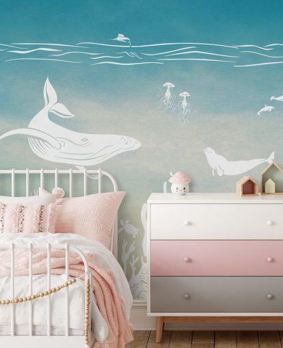 blå monokrom barntapet väggmålning kallad Monochrome Sea - Blue Aqua av Kikki Belle för plantskolor och barns sovrum blå monokrom barntapet väggmålning kallad Monochrome Sea - Blue Aqua av Kikki Belle för plantskolor och barns sovrum