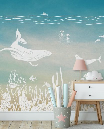 mural de papel pintado azul monocromático para niños llamado Monochrome Sea - Blue Aqua de Kikki Belle para guarderías y dormitorios de niños mural de papel pintado azul monocromático para niños llamado Monochrome Sea - Blue Aqua de Kikki Belle para guarderías y dormitorios de niños