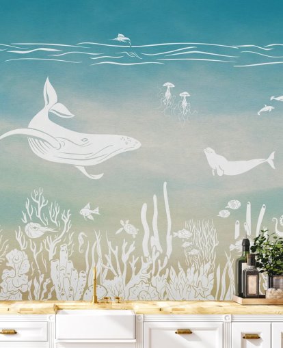 blue monochrome kids wallpaper mural called Monochrome Sea - Blue Aqua by Kikki Belle for nurseries and kids' bedrooms blue monochrome kids wallpaper mural called Monochrome Sea - Blue Aqua by Kikki Belle for nurseries and kids' bedrooms