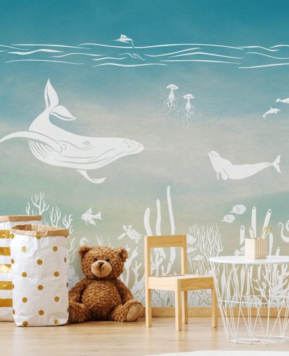 blauwe monochrome kinderbehangmuurschildering genaamd Monochrome Sea - Blue Aqua van Kikki Belle voor kinderdagverblijven en kinderkamers blauwe monochrome kinderbehangmuurschildering genaamd Monochrome Sea - Blue Aqua van Kikki Belle voor kinderdagverblijven en kinderkamers