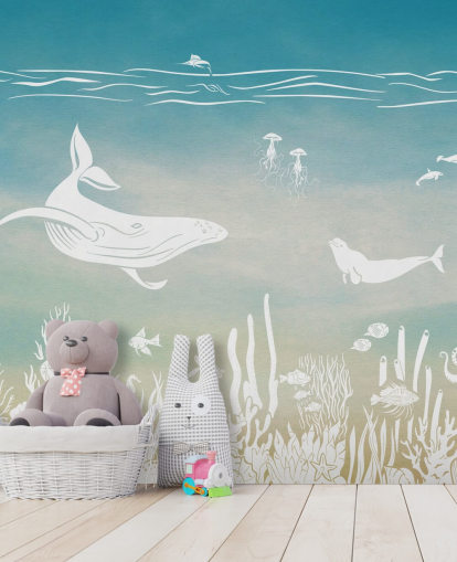 blå monokrom barnetapet veggmaleri kalt Monochrome Sea - Blue Aqua av Kikki Belle for barnehager og barnas soverom