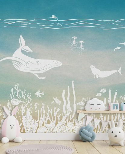 blaue einfarbige Kindertapete namens Monochrome Sea - Blue Aqua von Kikki Belle für Kinder- und Kinderzimmer
