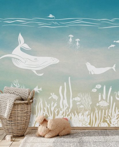blå monokrom barntapet väggmålning kallad Monochrome Sea - Blue Aqua av Kikki Belle för plantskolor och barns sovrum