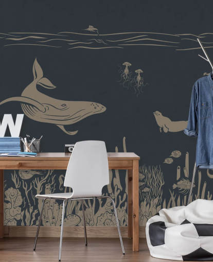 dunkelblaue Ozeantapete für Kinder namens Monochrome Sea - Vintage Blue von Kikki Belle für Schlafzimmer dunkelblaue Ozeantapete für Kinder namens Monochrome Sea - Vintage Blue von Kikki Belle für Schlafzimmer