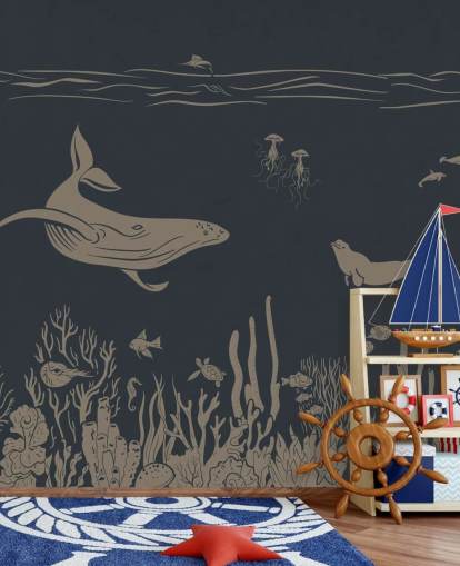 tummansininen lasten valtameritapetti seinämaalaus nimeltä Monochrome Sea - Vintage Blue by Kikki Belle makuuhuoneisiin