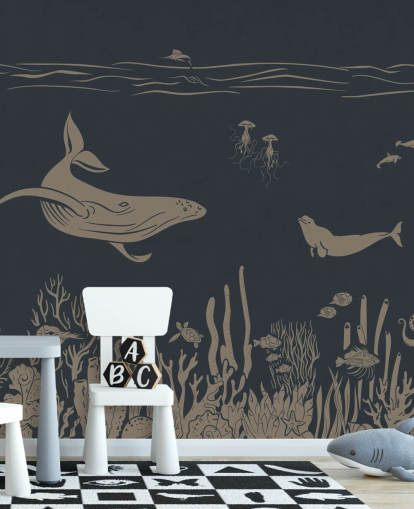 tummansininen lasten valtameritapetti seinämaalaus nimeltä Monochrome Sea - Vintage Blue by Kikki Belle makuuhuoneisiin