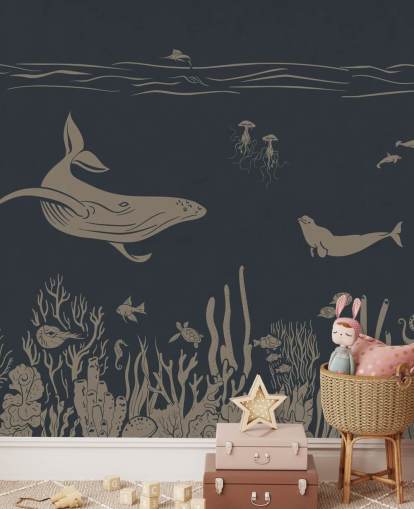 dark blue children's ocean wallpaper mural called Monochrome Sea - Vintage Blue by Kikki Belle for bedrooms dark blue children's ocean wallpaper mural called Monochrome Sea - Vintage Blue by Kikki Belle for bedrooms