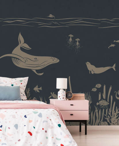 dark blue children's ocean wallpaper mural called Monochrome Sea - Vintage Blue by Kikki Belle for bedrooms