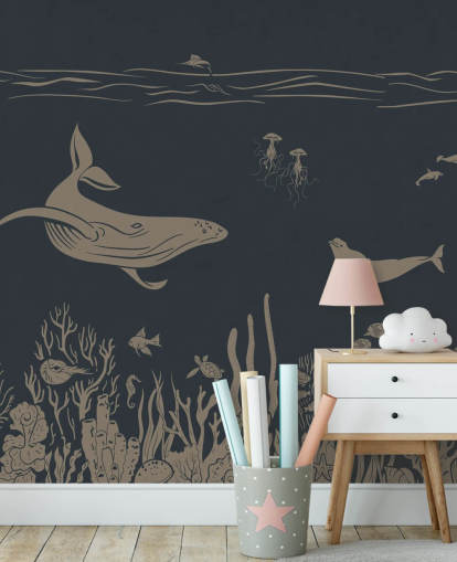 dark blue children's ocean wallpaper mural called Monochrome Sea - Vintage Blue by Kikki Belle for bedrooms
