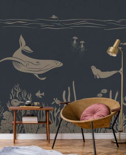 dark blue children's ocean wallpaper mural called Monochrome Sea - Vintage Blue by Kikki Belle for bedrooms dark blue children's ocean wallpaper mural called Monochrome Sea - Vintage Blue by Kikki Belle for bedrooms