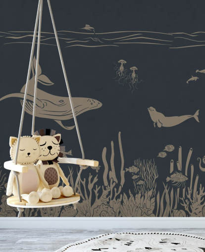 tummansininen lasten valtameritapetti seinämaalaus nimeltä Monochrome Sea - Vintage Blue by Kikki Belle makuuhuoneisiin