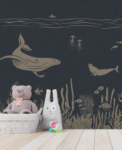 mørkeblå børns hav tapetmaleri kaldet Monochrome Sea - Vintage Blue af Kikki Belle til soveværelser