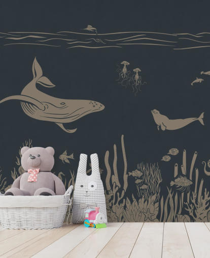 tummansininen lasten valtameritapetti seinämaalaus nimeltä Monochrome Sea - Vintage Blue by Kikki Belle makuuhuoneisiin