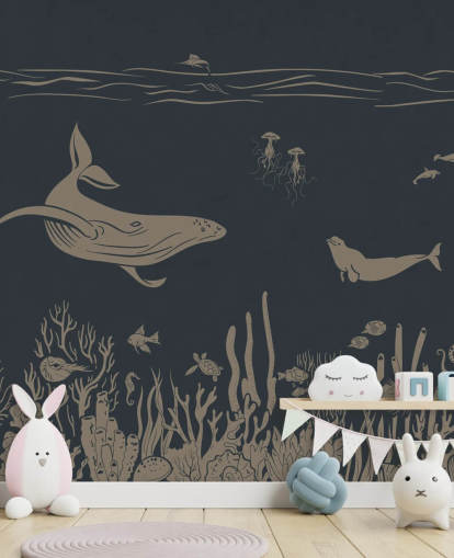 dunkelblaue Ozeantapete für Kinder namens Monochrome Sea - Vintage Blue von Kikki Belle für Schlafzimmer