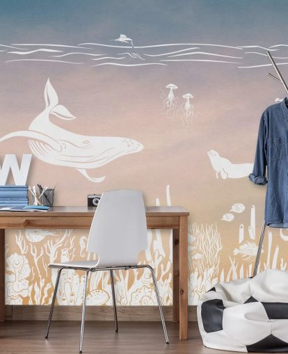 pink and aqua monochrome childrens wallpaper mural called Monochrome Sea - Pink Aqua by Kikki Belle for nurseries