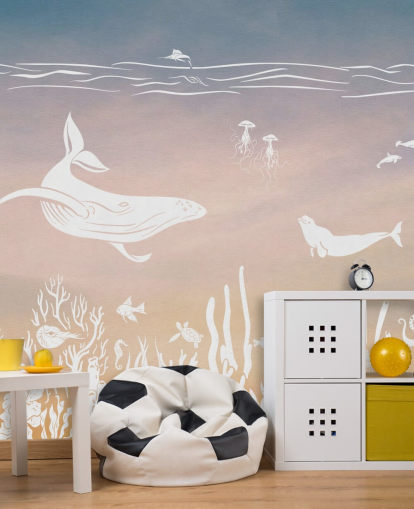 lyserød og aqua monokrom børnetapetmaleri kaldet Monochrome Sea - Pink Aqua af Kikki Belle til planteskoler