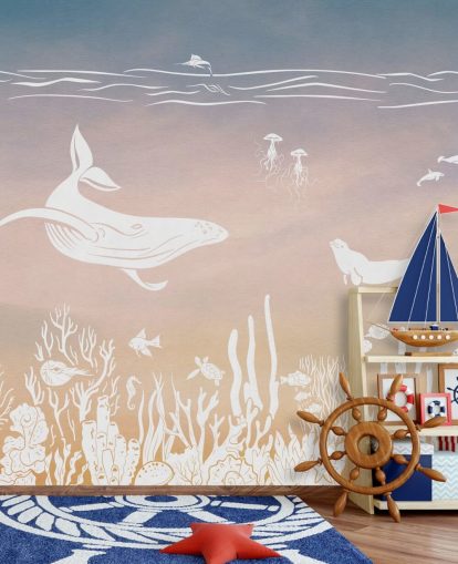 pink and aqua monochrome childrens wallpaper mural called Monochrome Sea - Pink Aqua by Kikki Belle for nurseries