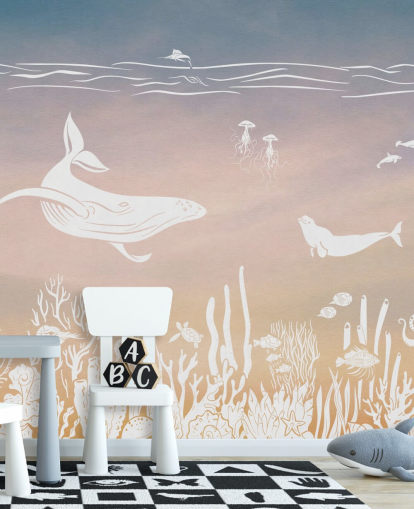carta da parati murale monocromatica per bambini rosa e acqua chiamata Monochrome Sea - Pink Aqua di Kikki Belle per asili nido