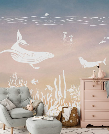 pink and aqua monochrome childrens wallpaper mural called Monochrome Sea - Pink Aqua by Kikki Belle for nurseries
