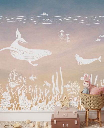 pink and aqua monochrome childrens wallpaper mural called Monochrome Sea - Pink Aqua by Kikki Belle for nurseries pink and aqua monochrome childrens wallpaper mural called Monochrome Sea - Pink Aqua by Kikki Belle for nurseries