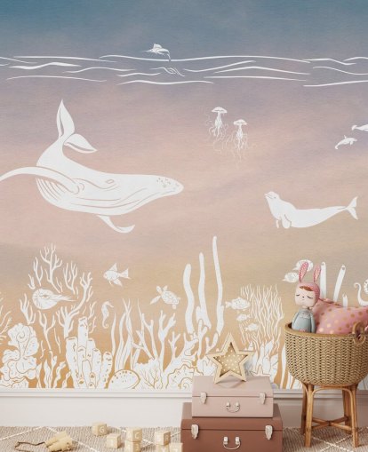 lyserød og aqua monokrom børnetapetmaleri kaldet Monochrome Sea - Pink Aqua af Kikki Belle til planteskoler lyserød og aqua monokrom børnetapetmaleri kaldet Monochrome Sea - Pink Aqua af Kikki Belle til planteskoler