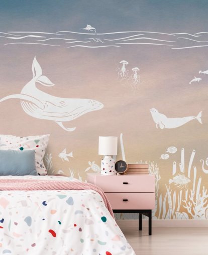 pink and aqua monochrome childrens wallpaper mural called Monochrome Sea - Pink Aqua by Kikki Belle for nurseries